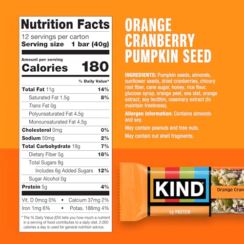 Image of KIND Healthy Snacks Bars, Orange Cranberry Pumpkin Seed, Gluten Free, High Fiber Snacks, 5g Protein, 12 Count