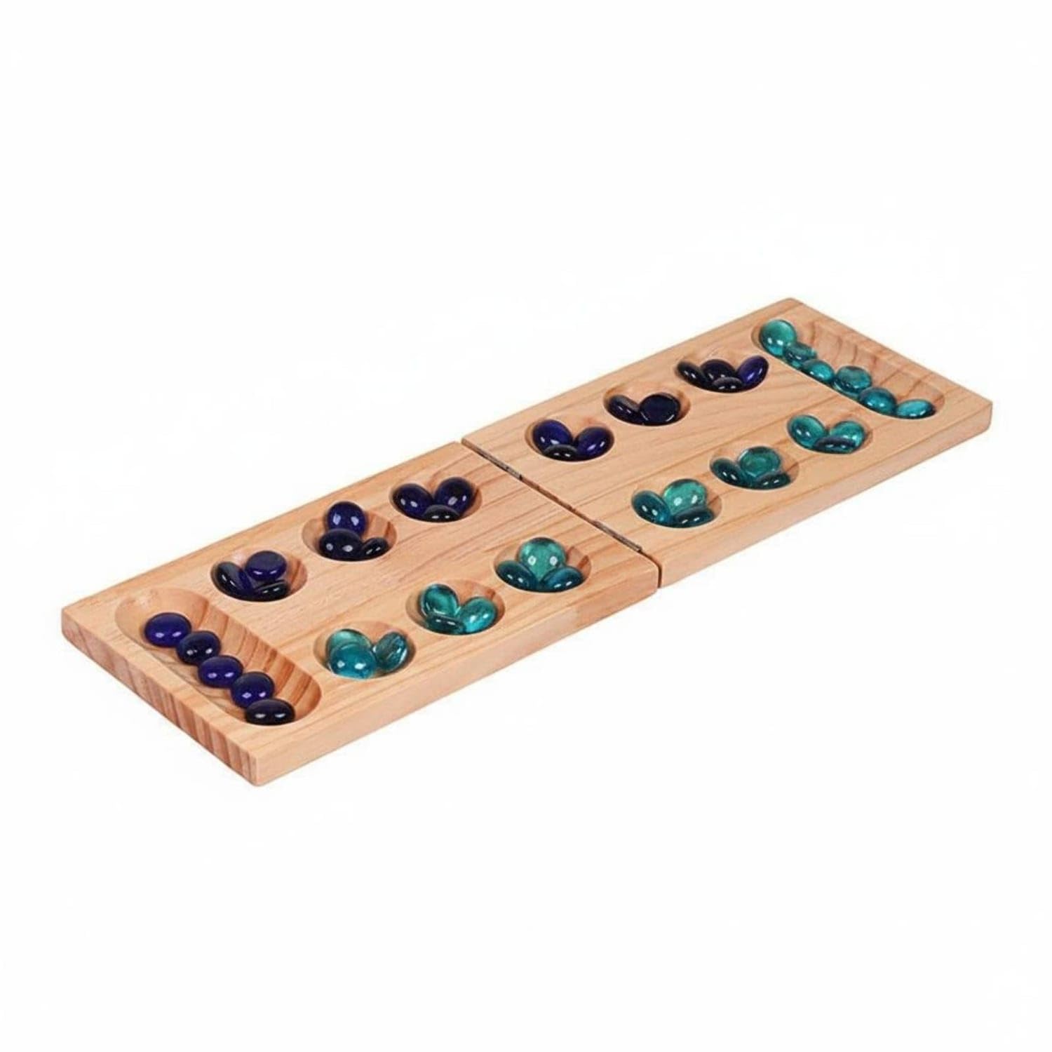 Foldable Mancala Board Game Glass Marbles Wood Mancala Set Recessed Pits Folding Game Board Rectangular Case, Pine, Standard-picture-14