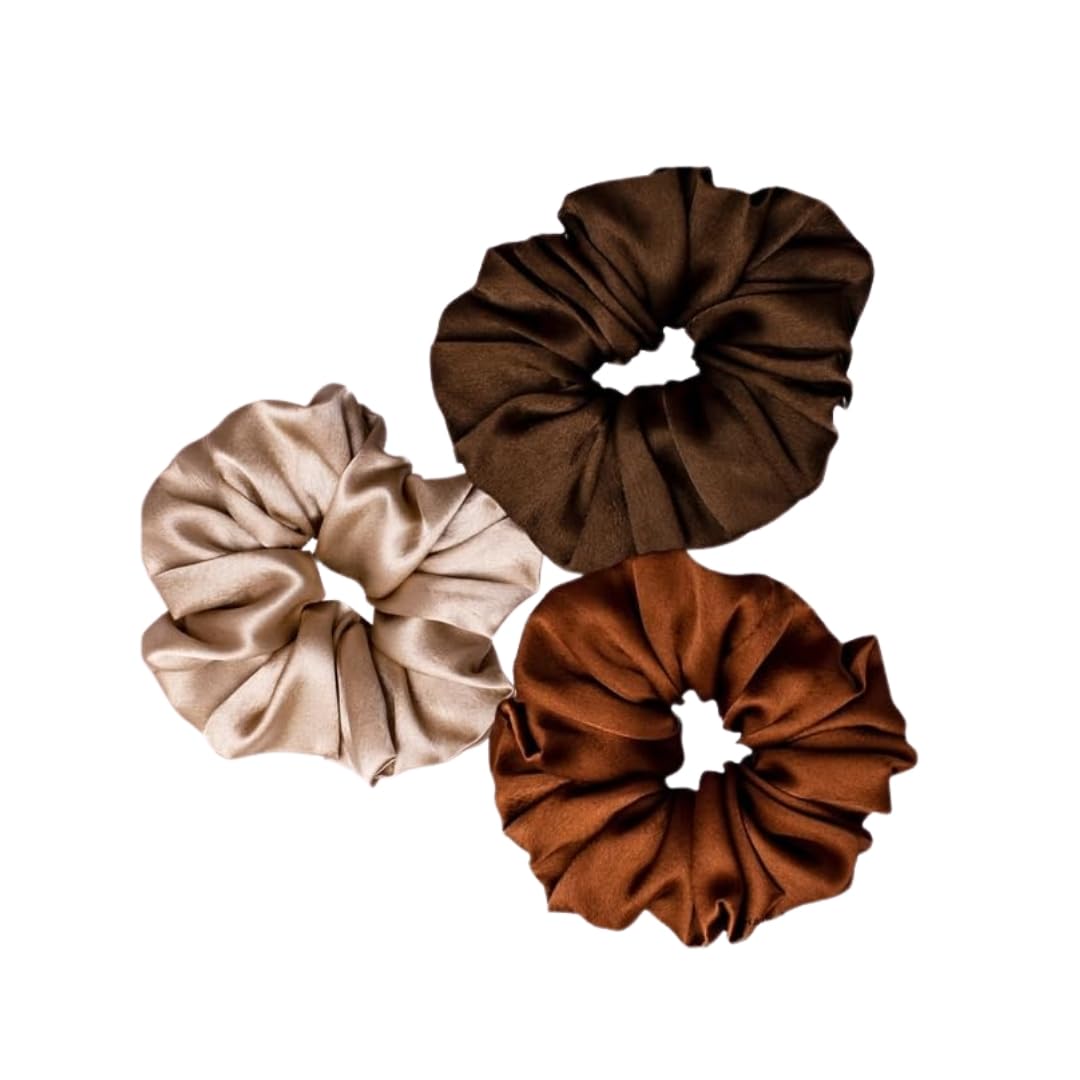 Hair Drama Co. Satin Scrunchies for Women Set of 3, Brown | Large Scrunchies for Girls | Aesthetic Hair Scrunchies for Ponytail, Buns | No Hair Breakage | Elastic Hair Ties-image-15