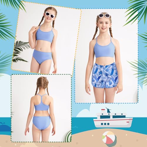 Image of Weixinbuy Girls 3 Piece Swimsuit Bathing Suits Solid Bikini Set with Printed Sports Shorts Swimwear for 9-16Y Teen Girls