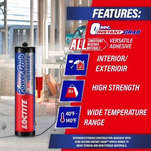 Image of Loctite Power Grab All-Purpose Construction Adhesive, high strength, high tack, gap-filling adhesive, No-nails and screws, Bonds to wood, MDF, concrete, glass, marble, granite, stone,brick,etc, 460g
