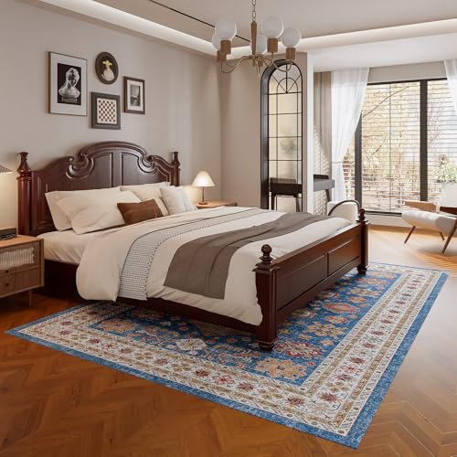 Vintage 9x12 Washable Area Rug, Low-Profile Large Area Rug with Non-Slip Backing & Durable Edge Binding, Pet-Friendly Carpet, Large Rug for Living Room, Bedroom & Dinning Room
