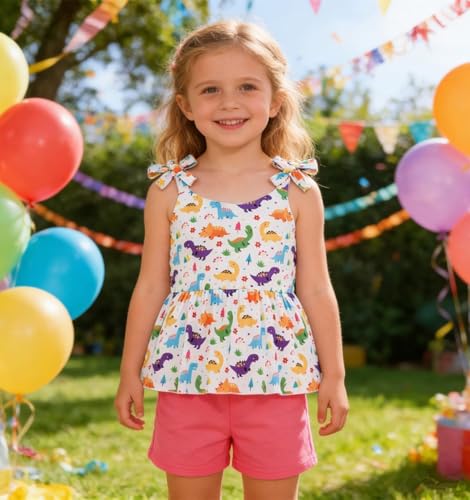 Image of Toddler Girls Clothes Summer Short Set Outfit Tie Knot Shoulder Sleeveless Ruffle Tops and Shorts 2PC Clothing Set
