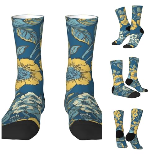 LZQPOEAS Blue And Yellow Flowers Athletic Socks Unisex Cushioned Crew Socks Hiking Running Calf Sock Soft Above Ankle Sock