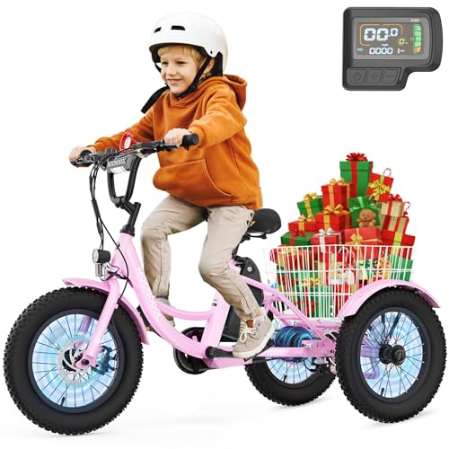 MOONCOOL 16″×3″ Youth Electric Trike, 250W Fat-Tire 3-Wheel