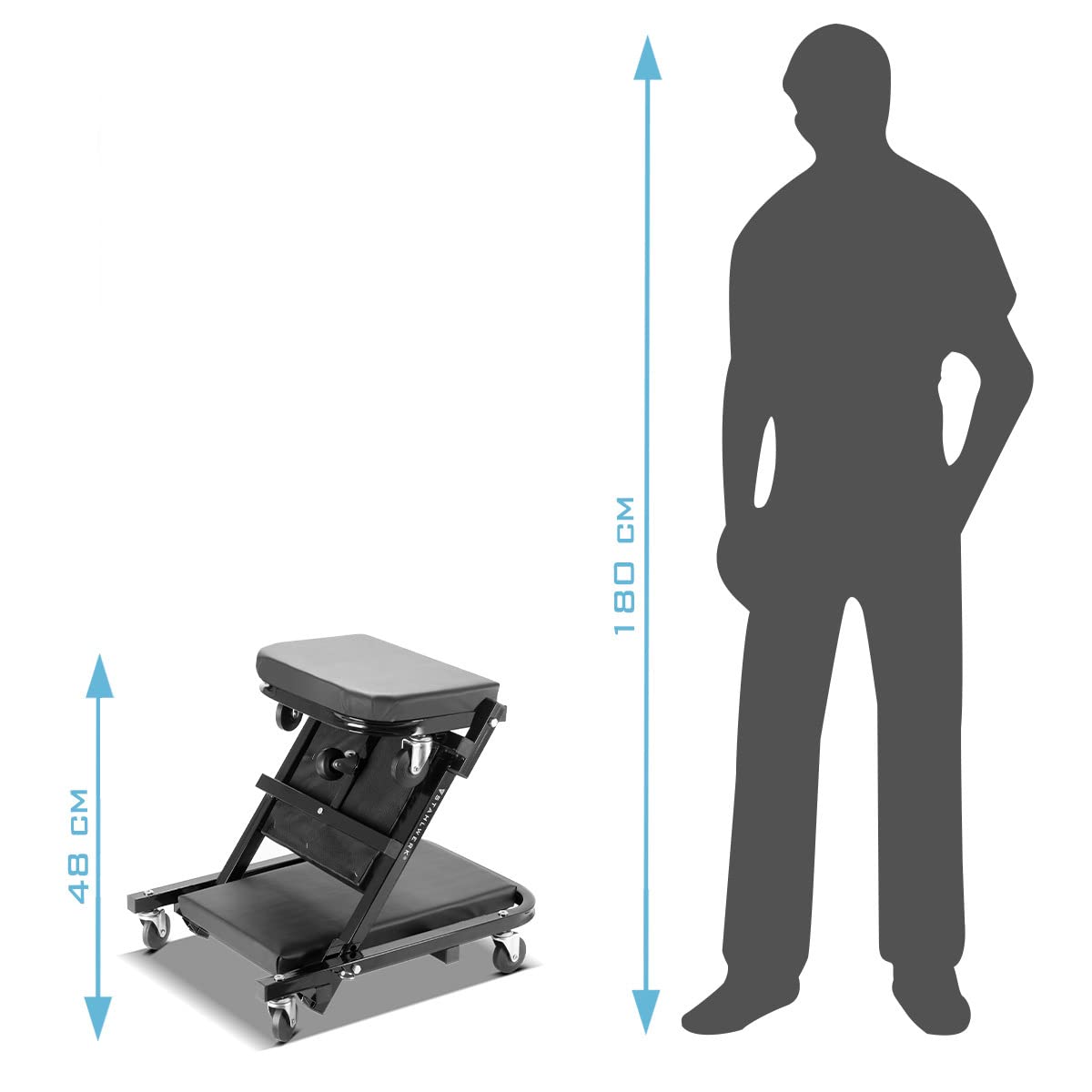 STAHLWERK 2-in-1 Montagerollbrett & Werkstatthocker FRC-40 ST – faltbare Werkstattliege & Montagehocker mit Sitz- & Liegefunktion, bis 150 kg Tragfähigkeit, 7 leichtlaufende 360°-Rollen, PU-Kunstleder