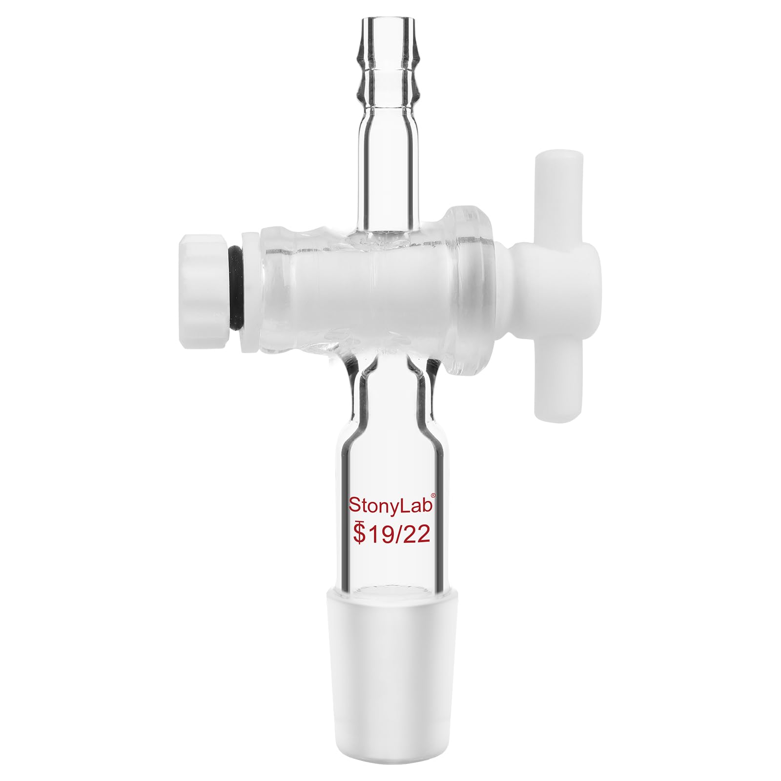 stonylab Adattatore per Vetro, Adattatore per il Controllo del Flusso del Vuoto in Vetro Borosilicato con Rubinetto in PTFE, Giunto 19/22 e Collegamento del Tubo Dritto Vetreria da Laboratorio