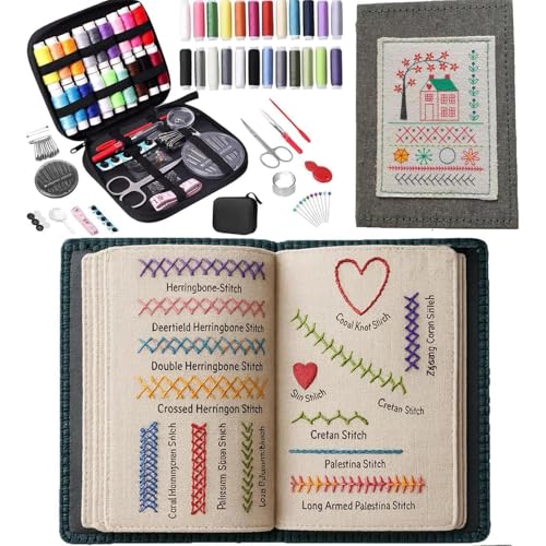 Genérico Libro de puntada de bricolaje, libro de puntadas de bordado incluye un kit de costura, uía completa para principiantes adultos, aprende fácilmente en casa y de viaje