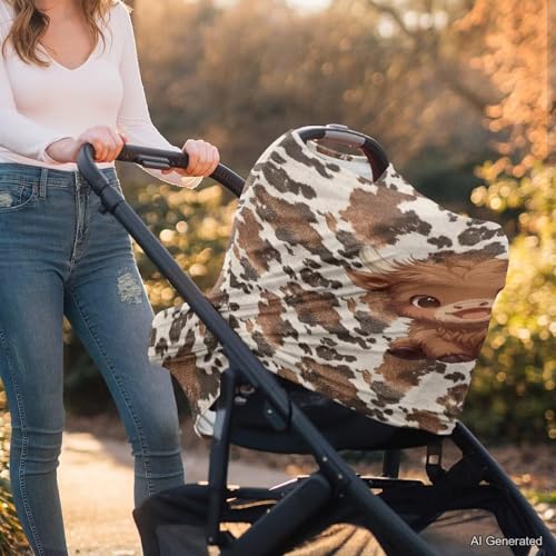 Image of Wanyint Baby Car Seat Covers Nursing Cover Carseat Canopy Baby Breastfeeding Cover Multi-Use Nursing Scarf Infant Stroller Cover Home Decor, Cute Highland Cow Brown Cow Print