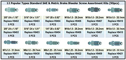 Dsnaduo Brake Bleeder Screws,Bleeder Valve,Bleeders, Caliper Bleeder Screw, Fit For Ford,Dodge,Chrysler,Toyota,90-Pieces Sae & Metric Bleeding Screws Bleed Kit #TOP1