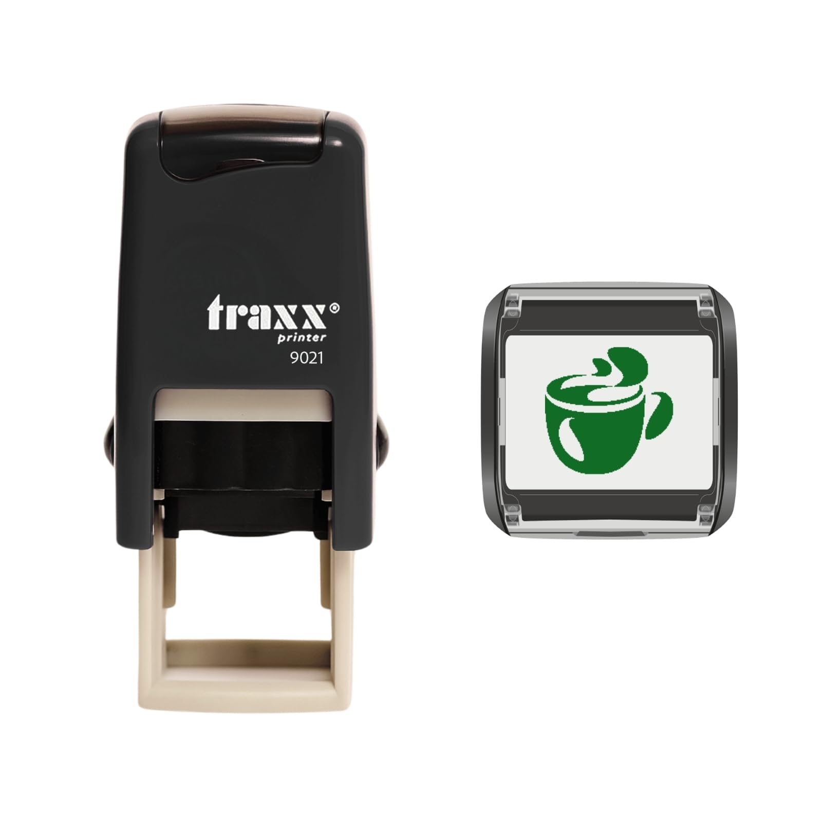 Traxx 9021 Loyalty Card Self Inking Rubber Stamp Cafe *A Green Cup of Coffee Design*