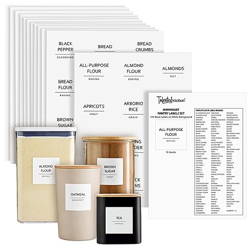 Talented Kitchen Pantry Labels for Containers - 144 Matte Vinyl Stickers, 2.5 x 2.5 in, Black on White, Water Resistant - Food Labels & Ingredient Stickers for Spice Jars & Baking Organization