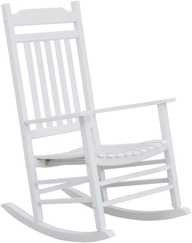 Wood Rocking Chair Porch Rocker Classic Outdoor Patio Outdoor Indoor Furniture for Balcony, Backyard, Garden, Outside, White