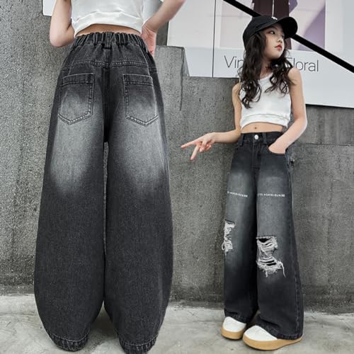 Girls Ripped Jeans Casual Elastic Waist Wide Leg Baggy Pants Kids Clothes 5-14 Years4