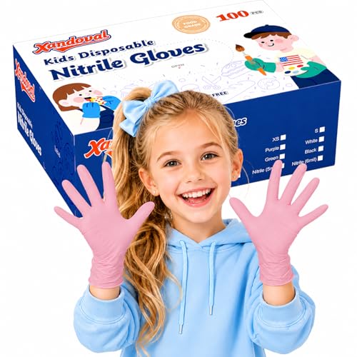 Xandoval Kids Disposable Gloves for 3-8 Years 5Mil Pink Nitrile Gloves with Latex-Free and Powder-Free Durable and Protective for Work Cleaning Cooking Gardening (XS 100PCS)
