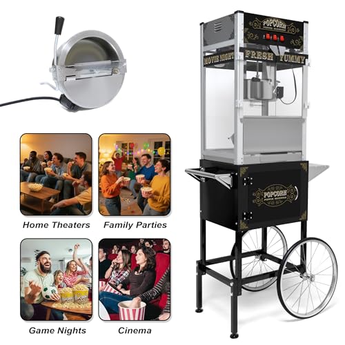 Image of 20OZ Commercial Popcorn Machine with Cart & Wheels 丨 Stainless Steel Kettle Popcorn Maker for Home, Theater, Parties丨 Grade Electric Popper, Black