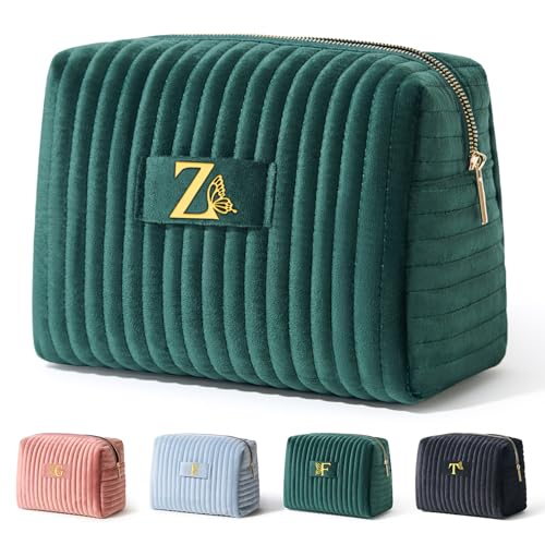 Image of COSHAYSOO Travel Makeup Bag Quilted Make Up Pouch Initial Velvet Cosmetic Case with Butterfly Decorations for Women 20th 30th 40th 50th Best Birthday Appreciation Retirement Gifts Green Letter Z