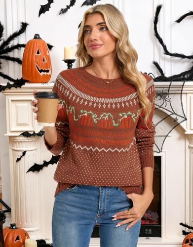 Image of Womens Fair Isle Sweaters Long Sleeve Crewneck Fall Winter Pullover Sweater