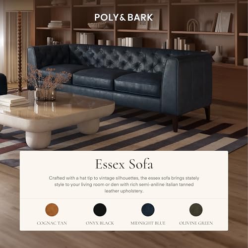 Image of POLY & BARK Essex 89 inch Full-Grain Italian Leather Sofa - Tufted Back, Feather-Down Comfort, Solid Wood Frame, Midnight Blue