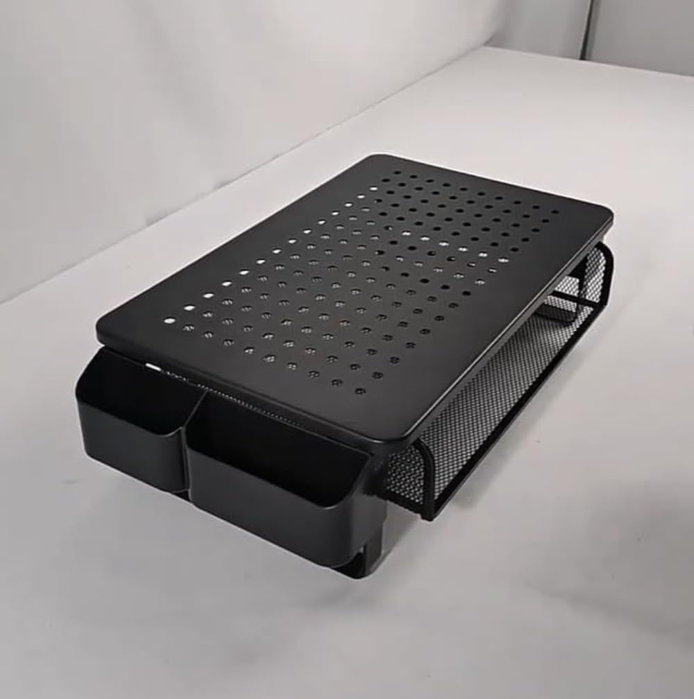 モニタースタンド機能豊富なモニター昇圧スタンド、整理収納と快適な作業環境を実現！トップと収納ボックス付きで、デスクの利便性を向上させ