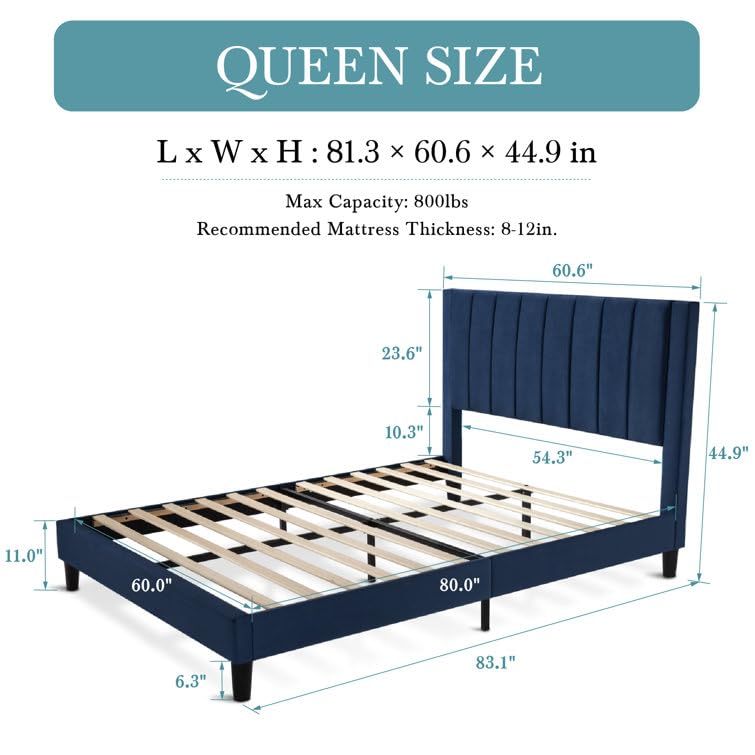 Image of HITHOS Modern Upholstered Queen Size Bed with Wingback Headboard | Wooden Double Bed Cot Palang Without Storage for Living Room Bedroom Home (Navy Blue) 1 Year Warranty