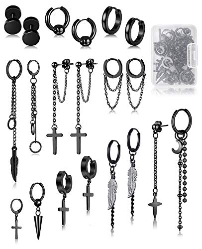 FIFATA 20 Pieces Men Earrings Set - Black Stainless Steel Chain Hoop Earrings Cross Moon and Star Dangle Earrings Piercing Jewelry for Men Women