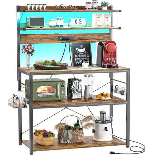 Aheaplus Bakers Rack with Power Outlet, Microwave Stand, 5 Tiers Coffee Bar Station with Led Lights, Kitchen Storage Shelf with 6 S-shaped Hooks, Kitchen Rack Coffee Bar Stand, Rustic Brown