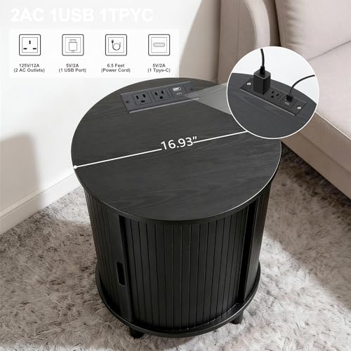 Image of DHH End Table Set of 2 with Storage & Charging Station, Fluted Accent Side Table with Sliding Door & Adjustable Shelf, Mid-Century Nightstand for Small Spaces, Living Room, Bedroom(2, Black)