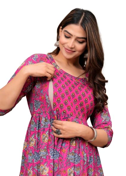 Image of Women's Feeding Kurta Cotton | Floral Anarkali Pregnancy Kurta with Nursing Zipper | Pre & Post Partum | Maternity Dresses | Mom to Be Gift
