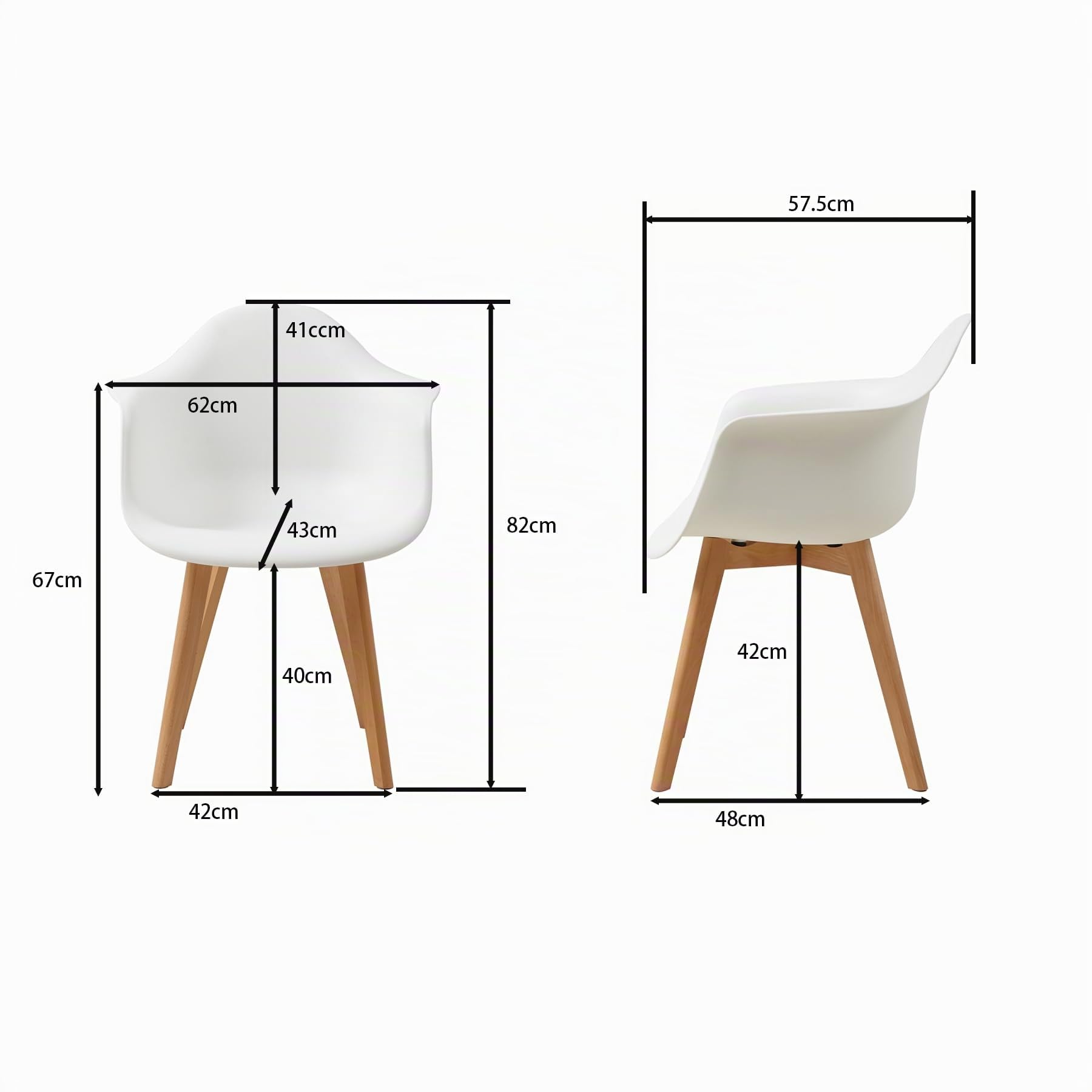 Set di 2 Sedie da Pranzo con Braccioli, Sedute in PP, Bianco | Design Nordico, Polipropilene e Faggio, Resistenti, Facili da Pulire, Fino a 125kg. per Cucina, Sala, Ufficio, Caffè.