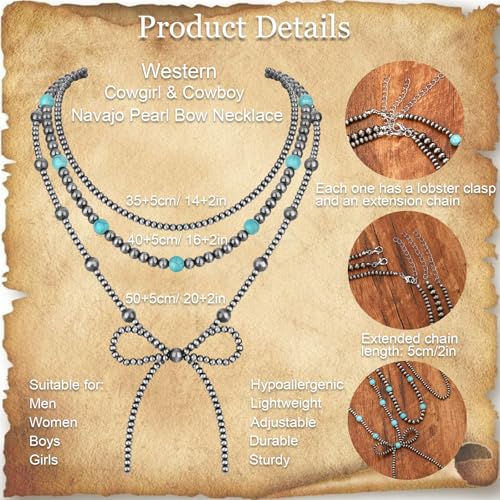 3PCS Navajo Pearl Necklace for Women Western Necklaces for Women Stackable Cowgirl Navajo Pearl Bow Necklace4