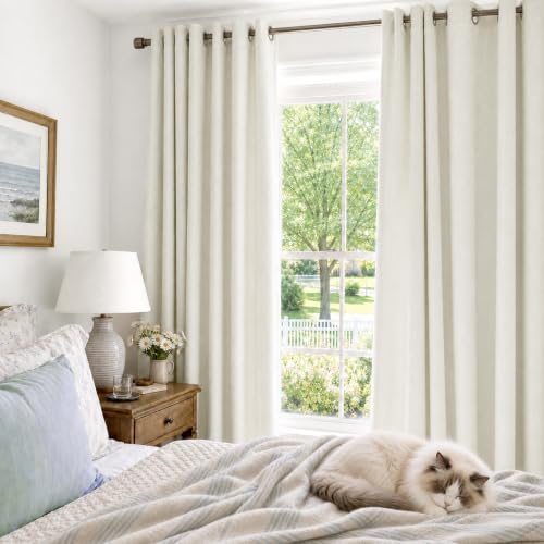 Image of 100% Blackout Shield Linen Textured Total Blackout Curtains for Bedroom 90 Inches Long, Beige Wihte Grommet Curtains for Living Room, Thermal Insulated Room Darkening Drapes, 50 inch W x 90 inch L, 2 Panels