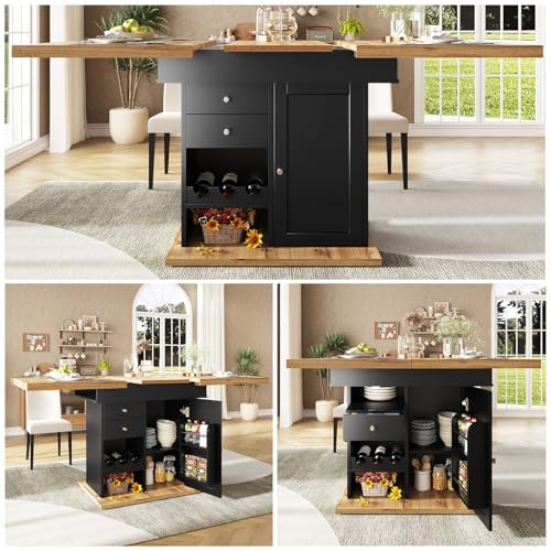 YEHTOKHOME Table à Manger Extensible 4-6 Personnes, Table de Cuisine Rectangulaire avec Rangement, Tiroir et 3 Cave à vin, Étagères Réglables, pour Petits...