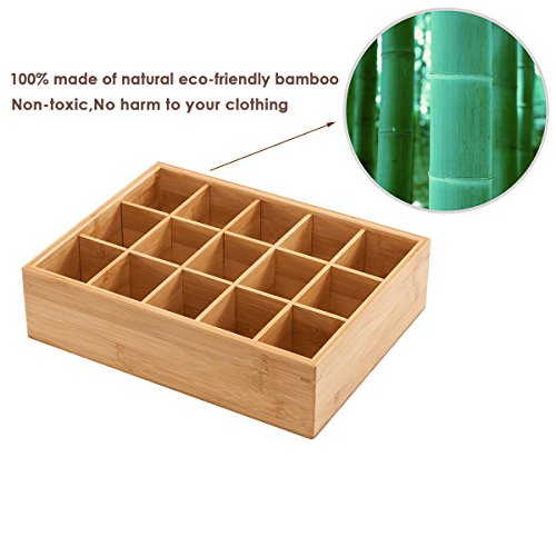 GOBAM Closet Drawer Organizer,Drawer Divider and Storage Box for Ties Bras Briefs Socks, Compartments of 15,Natural Bamboo