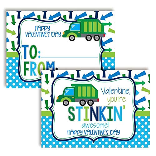 You're Awesome Garbage Truck Themed Valentine's Day Cards for Kids to give to Friends & Classmates, Thirty (30) 3.5