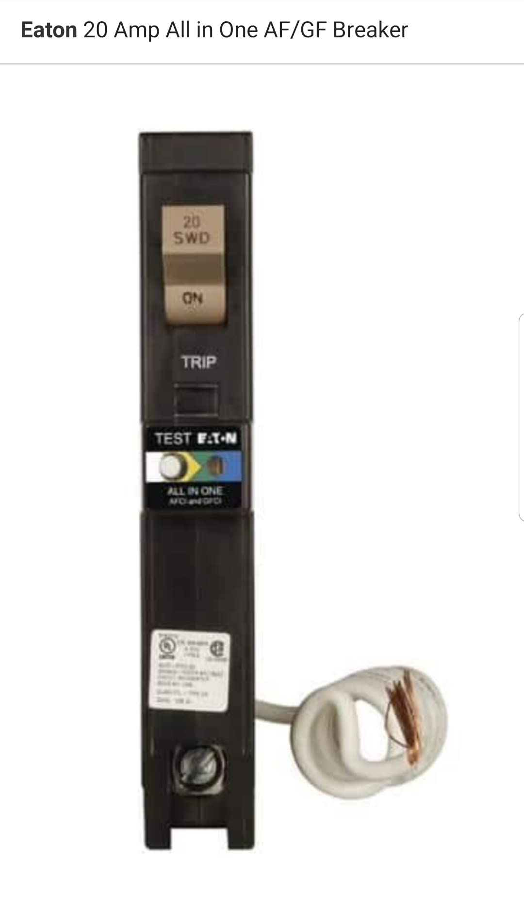 All-In-one Breaker 20 Amp single pole CHFN120A1CS Eaton - Amazon.com