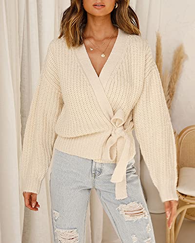 Foshow Womens Wrap Long Batwing Sleeve Sweaters Tops V Neck Belted Waist Tie Front Pullover Sweater Ribbed Knit Jumper (Small, Beige) #TOP2