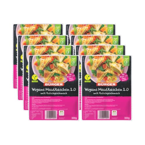 BÜRGER vegane Maultaschen 2.0 – Proteinreich & Fleischfrei, Pflanzlich, Schwäbischer Genuss, Vegan & Vegetarisch, Eiweißreiche Teigtaschen, 8 Beutel á 300g