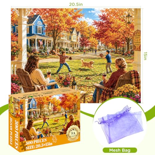 500 Piece Puzzles for Adults, Suburban Autumn Front Porch Family Jigsaw Puzzle 500 Pieces, Baseball Game Landscape Puzzle, Letter on Back, Family Activity Great Gift for Friends, 20.5 x 15 in - Image 2