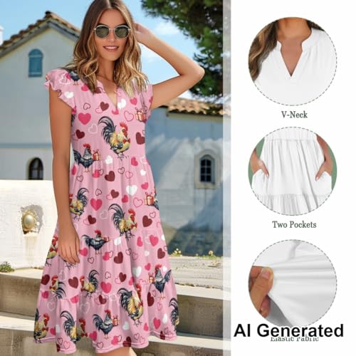 Image of Women's Casual Ruffle Sleeve Dress V Neck Pullover Dress Flowy A-Line Pleated Lightweight Dress with Pockets