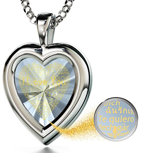 Nanostyle 925 Sterling Silver Heart Pendant I Love You Anniversary Necklace For Wife Pure Gold Inscribed In 120 Languages On Romantic Clear Heart-Shaped Cubic Zirconia Gemstone, 18" Rolo Chain #TOP5