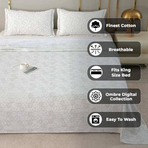 Image of Story@Home Luxe 400 TC Sateen Weave 100% Cotton Bedsheet King 108 x 108 Inches Abstract Printed Soft Flat Sheet with 2 Pillow Covers 18 x 27 Inch -White & Ivory-Gift Packaging