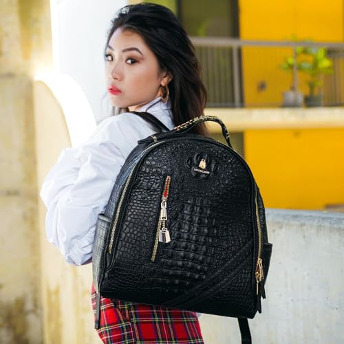 Image of Tote&Carry Apollo BFF Backpack for Women, Vegan Leather, Water-Resistant, Carry-On Luggage for Travel, Work & Daily Use (Alligator Skin, Black)