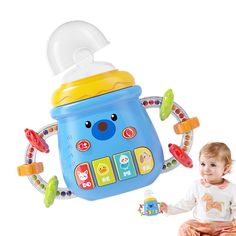Baby Sippy Cup With Grip Rattle And Handles, Spill-Proof Feeding Sippy Sensory Bottle - Multi-function Mode, Illuminating And Play Musice Design, Developmental Feeding Cup For Kitters And Babys (Blue)