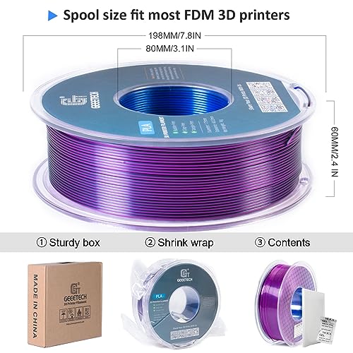 Image of Geeetech Silk PLA Tri Color Filament 1.75mm 3D Printer Filament, Coextrusion Blue Purple Black Tri-Colors Metal-Like Shiny Silk PLA Filament, 1kg (2.2lbs) 1 Spool, Dimensional Accuracy + /- 0.02 mm