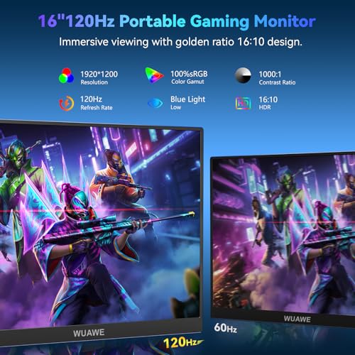 Image of WUAWE 16 inch 1200P 120Hz Portable Monitor for Laptop, 100% sRGB Portable Laptop Monitor with Built-in Stand, HDR and Freensync, External USB C Monitor for Phone, MacBook, Laptop, PC(Blue)
