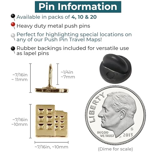 Image of Building Push Pins - Gold Metal Building Pins - for Cork Board, Maps, or Lapel Pin Use - Designed in USA - Set of 4