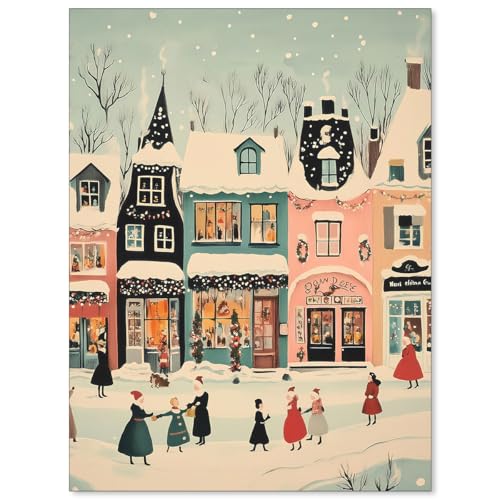 Cozy Vintage Christmas Town Poster Cute Winter Village Canvas Wal...