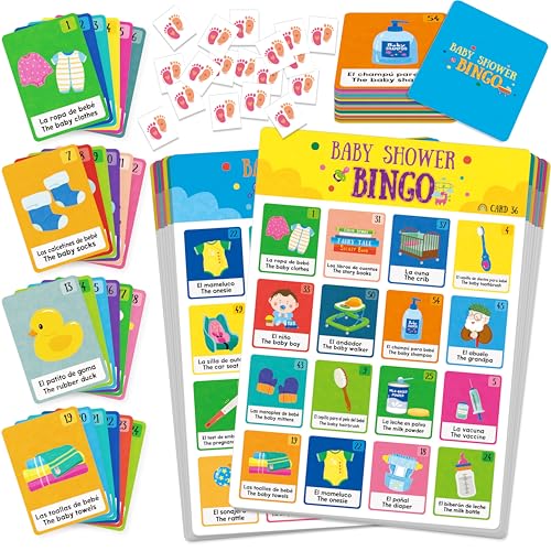 Gethelud Baby Shower Bingo Game 50 Bilingual Spanish & English Bingo Cards for Gender Reveal Party Baby Shower Game Favors Supplies Decorations for Adults (50 Players)