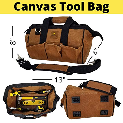 SparkJump Deluxe Kids Tool Set with Real Hand Tools, Durable Water Resistant Canvas Kids Tool Bag, Real Leather Kids Tool Belt Fits Waist 20\"-32\", Kids Real Tool Set for DIY and Home Woodworking